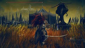 A warrior stands in front of a statue to collect a Scadutree Fragment west of Moorth Ruins in Elden Ring Shadow of the Erdtree.